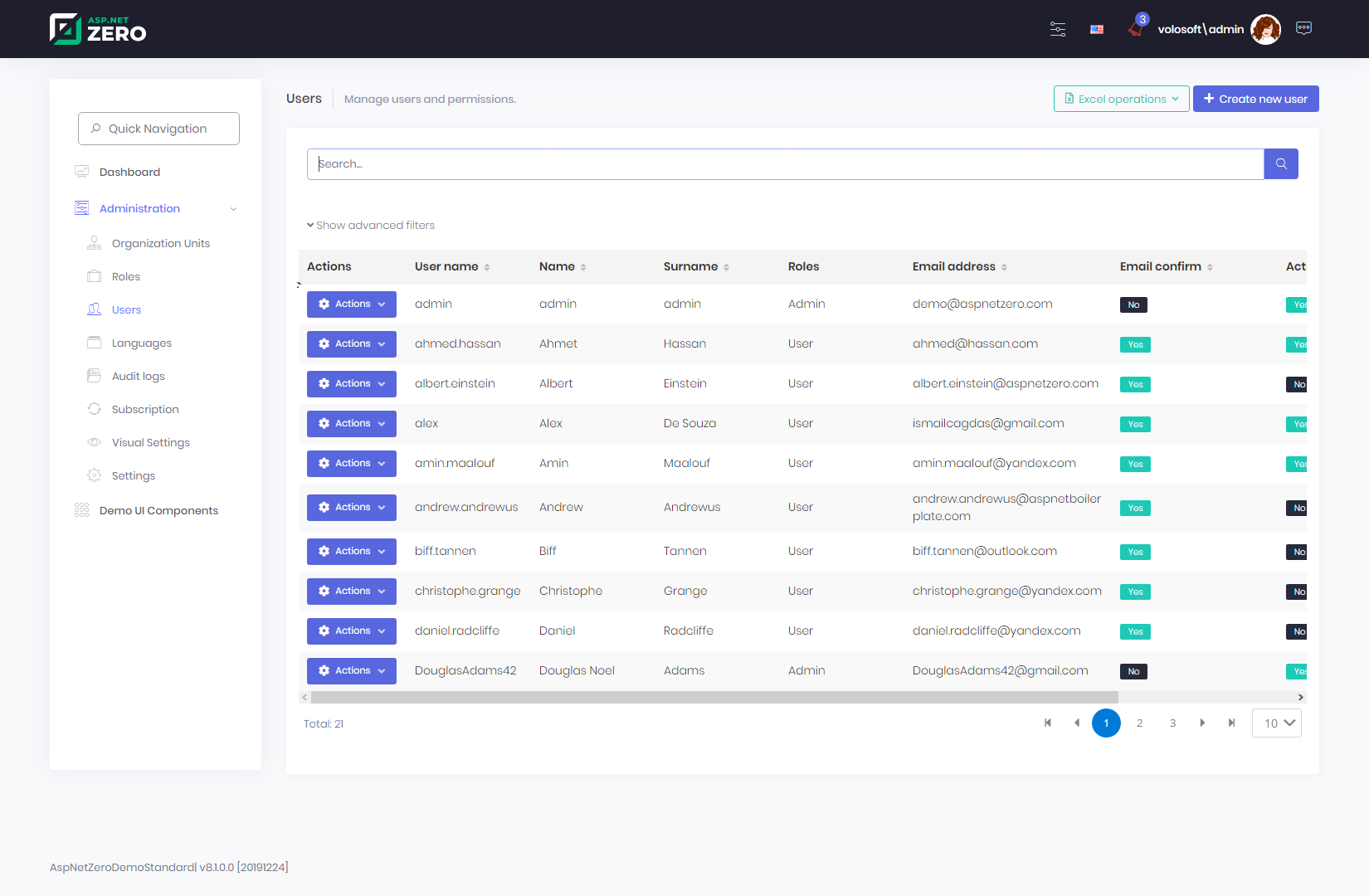 ASP.NET Zero users page with a searchable user table